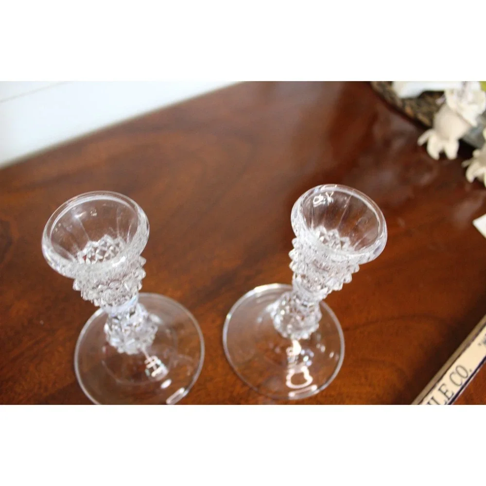 pair of Vintage clear pressed diamond-cut candlestick holder